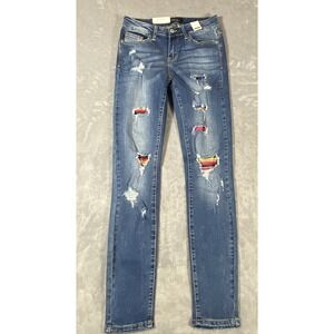 Judy Blue Skinny Jeans 5/27 Destroyed Serape Patch‎ Festival Rainbow Ripped NEW